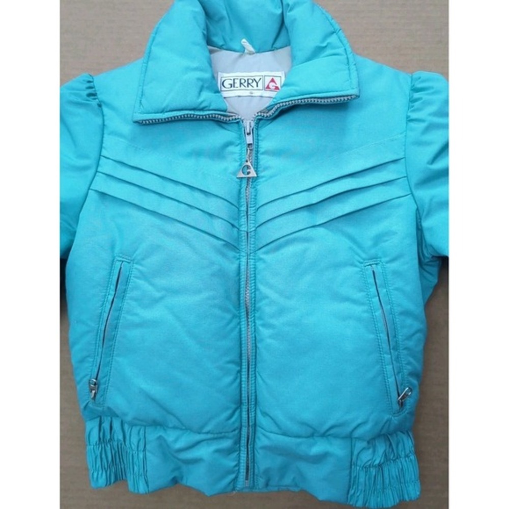 Vintage GERRY A Down Ski Puffer Teal Cropped Jacket 80s Pintuck Pleats Sz S‎